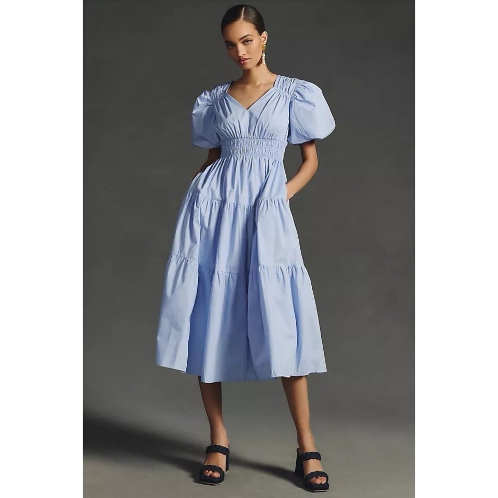 NWT Anthropologie Moon River Blue Smocked Midi 2X